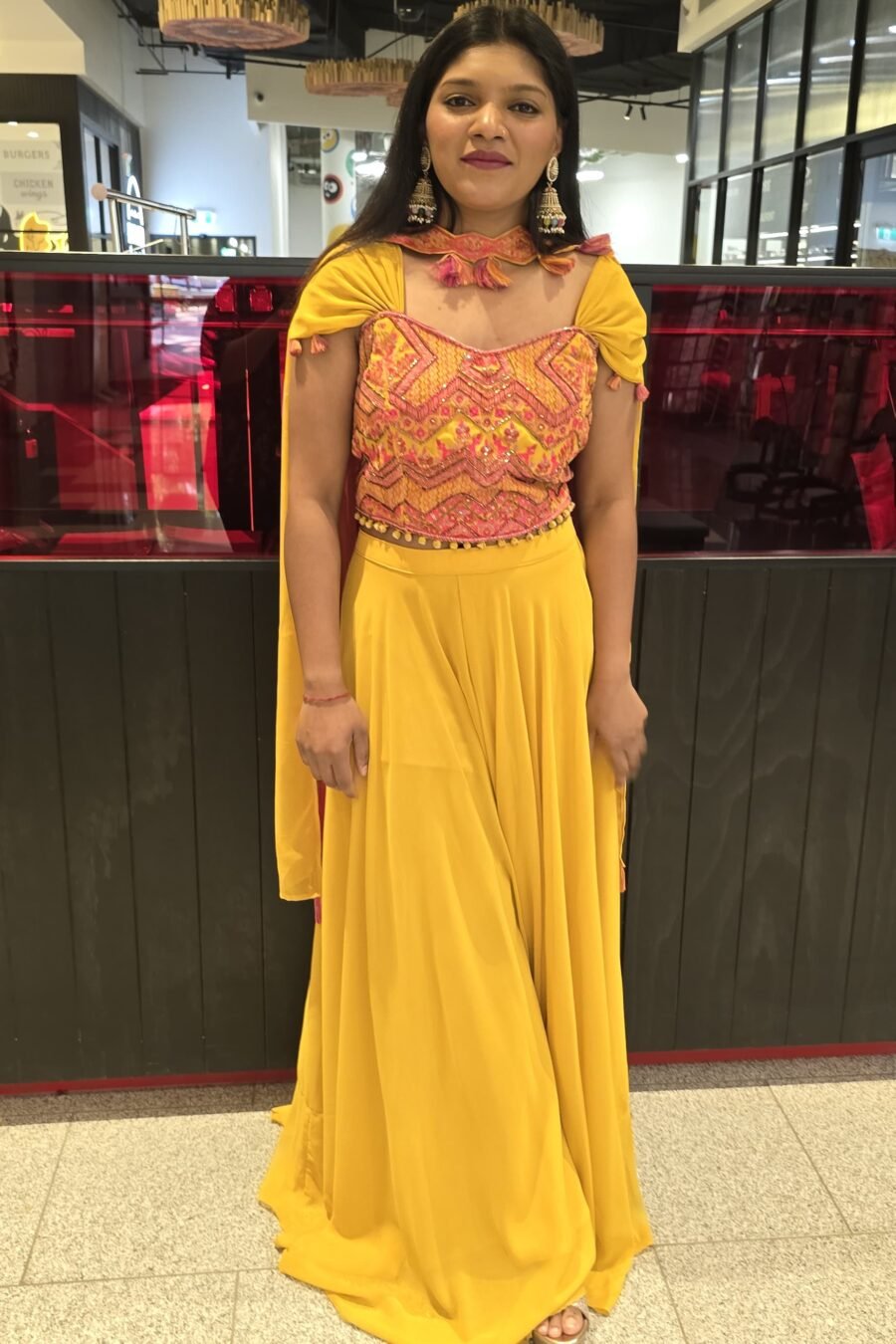 Yellow & Pink Indowestern Sharara Crop Top Set