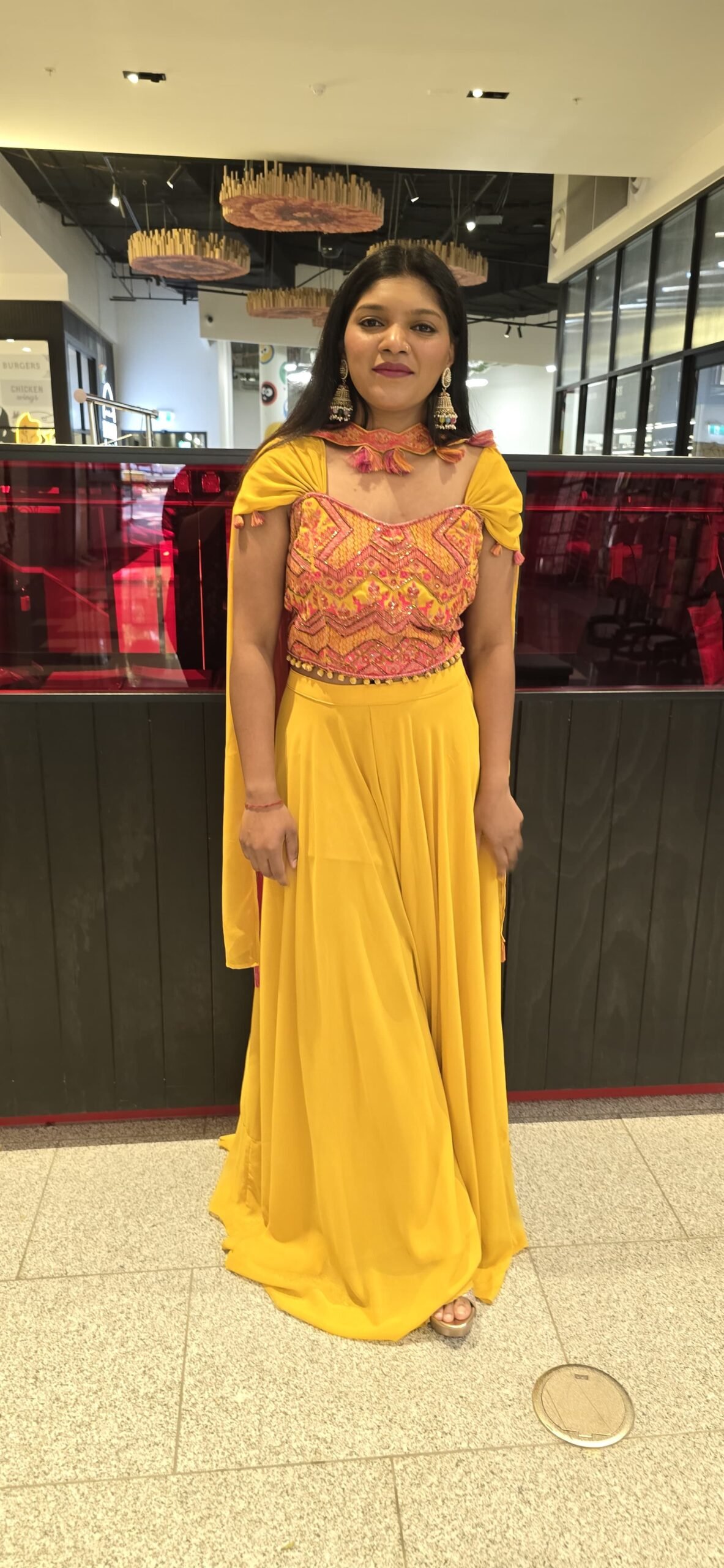 Yellow & Pink Indowestern Sharara Crop Top Set