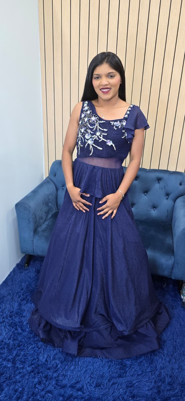 Navy Blue Shimmer Net Heavy Work Gown - Image 4