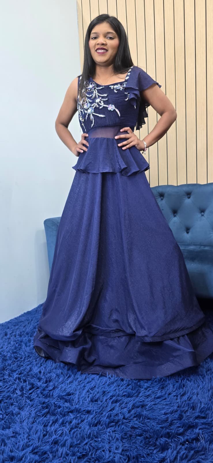 Navy Blue Shimmer Net Heavy Work Gown