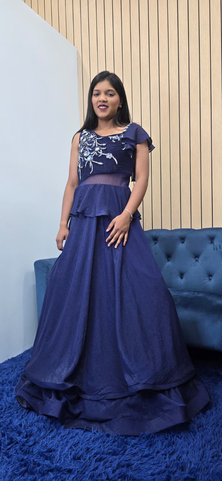 Navy Blue Shimmer Net Heavy Work Gown - Image 7