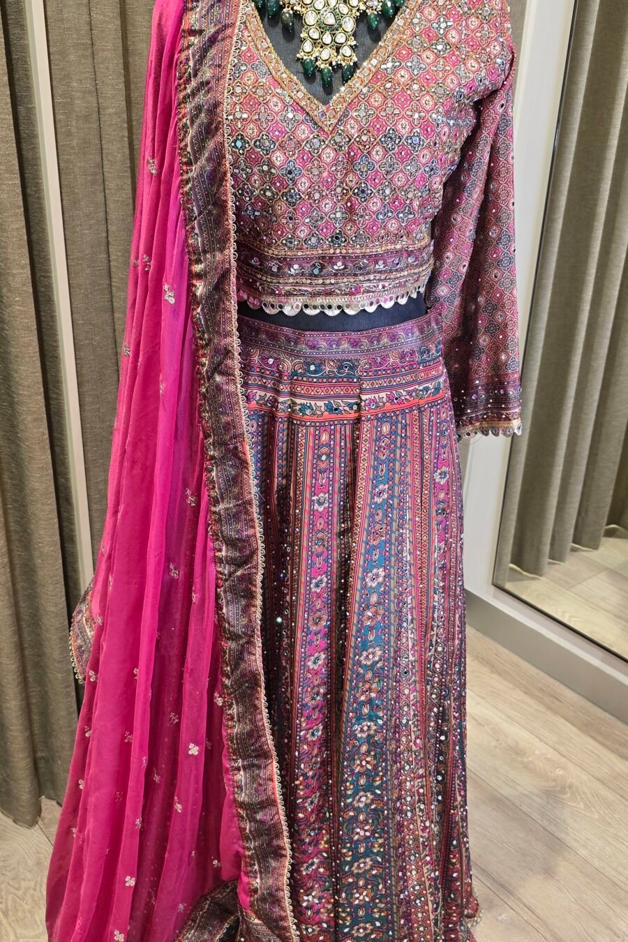 Pink Multy Crape Silk Mirror Lehenga