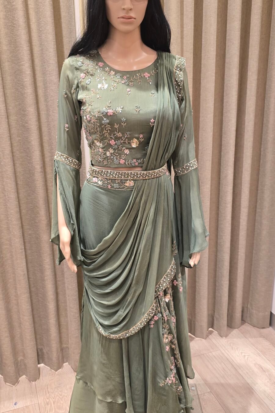 Mehendi Green Indowestern Saree Lehenga