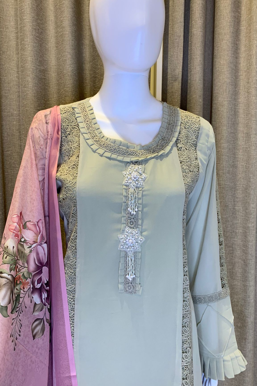 Pakistani Sea Green Suit With Floral Pink Dupatta