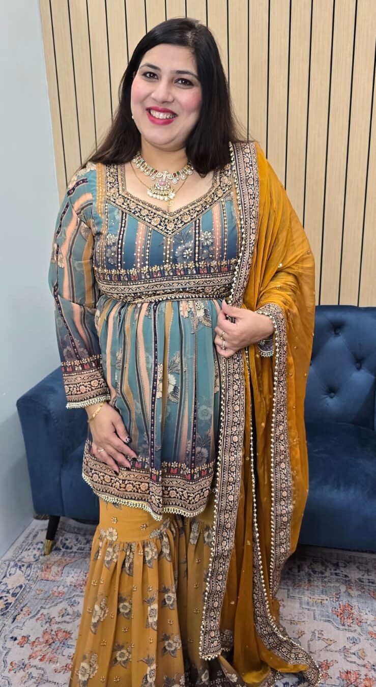 Sea Green & Mustard Peplum Sharara Set