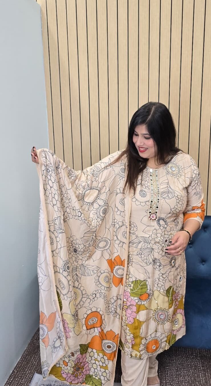 Elegant Beige Floral Kurta Set