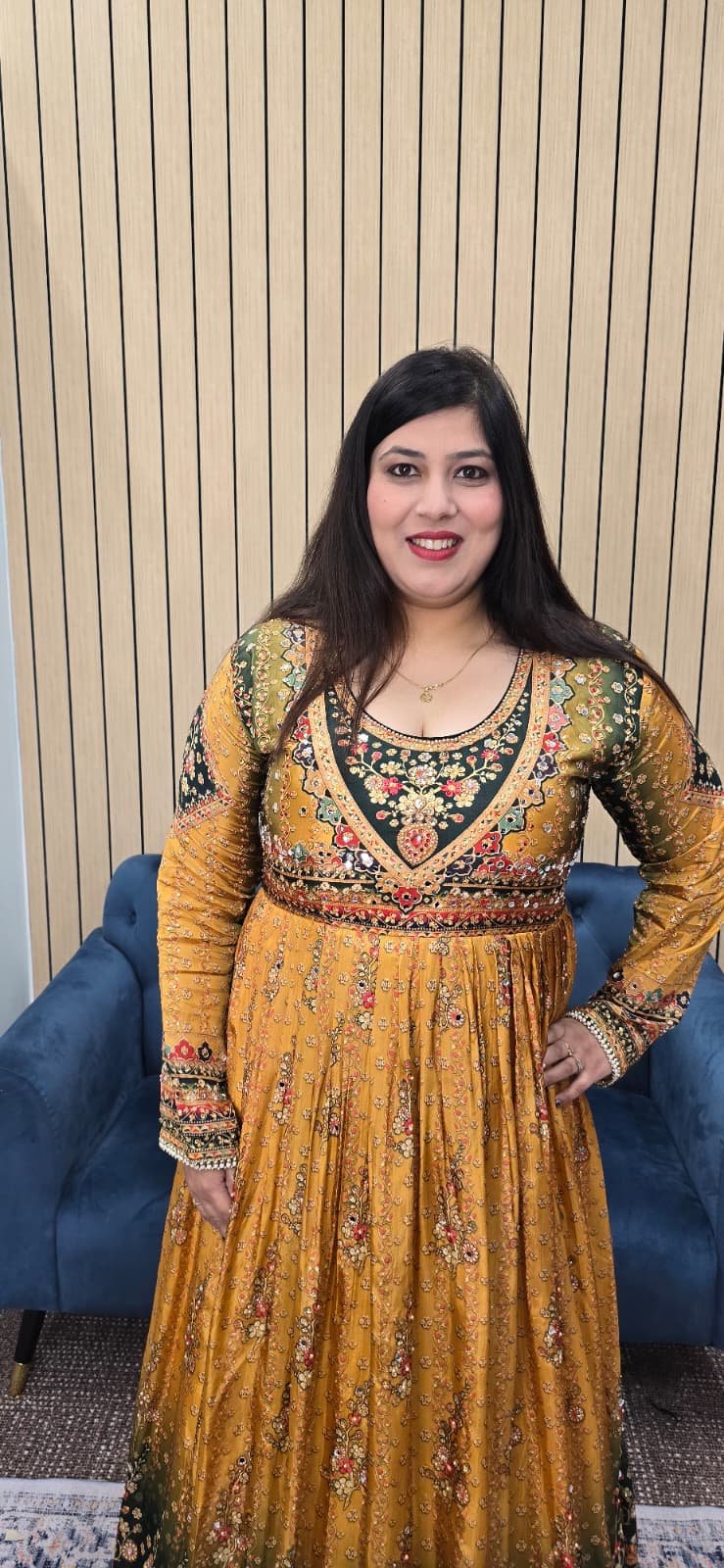 Crepe Silk Mustard and Green Anarkali Gown - Image 5