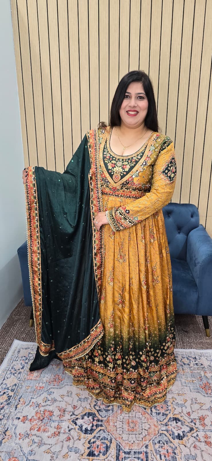 Crepe Silk Mustard and Green Anarkali Gown - Image 4