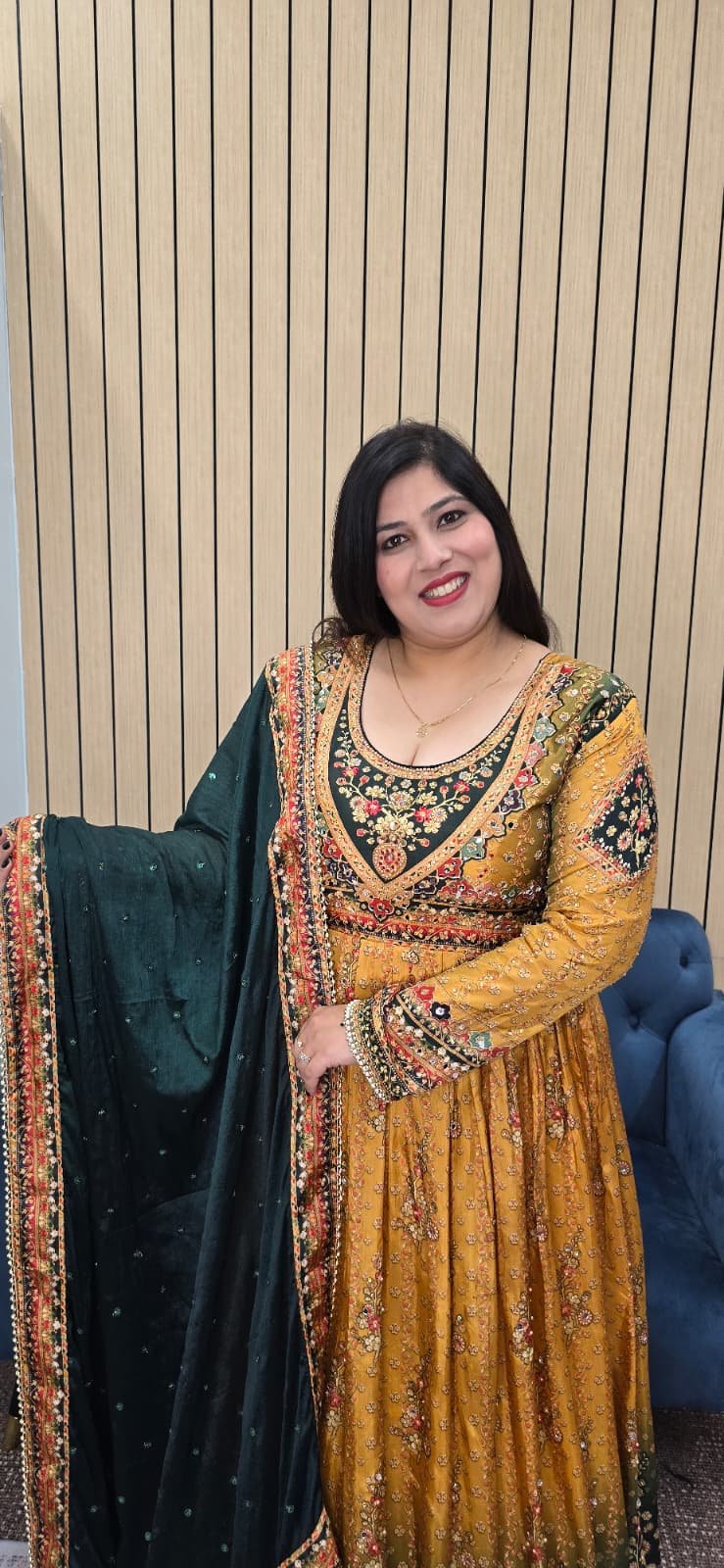 Crepe Silk Mustard and Green Anarkali Gown - Image 3