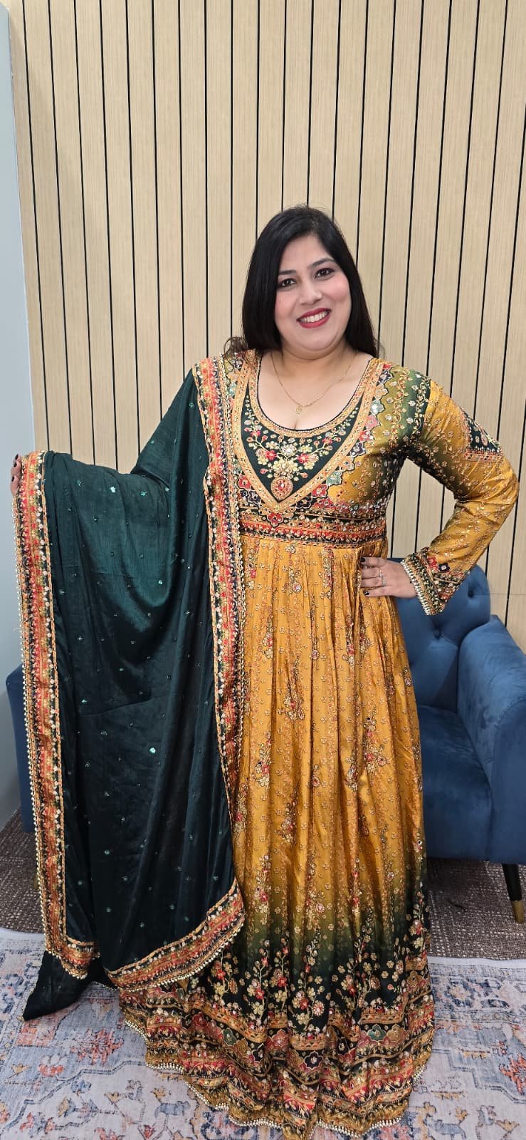 Crepe Silk Mustard and Green Anarkali Gown - Image 2