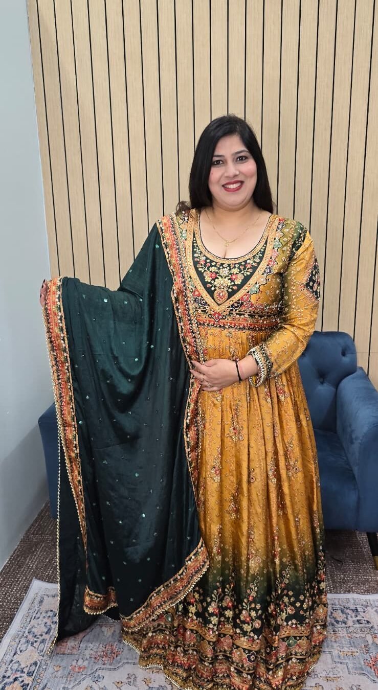 Crepe Silk Mustard and Green Anarkali Gown