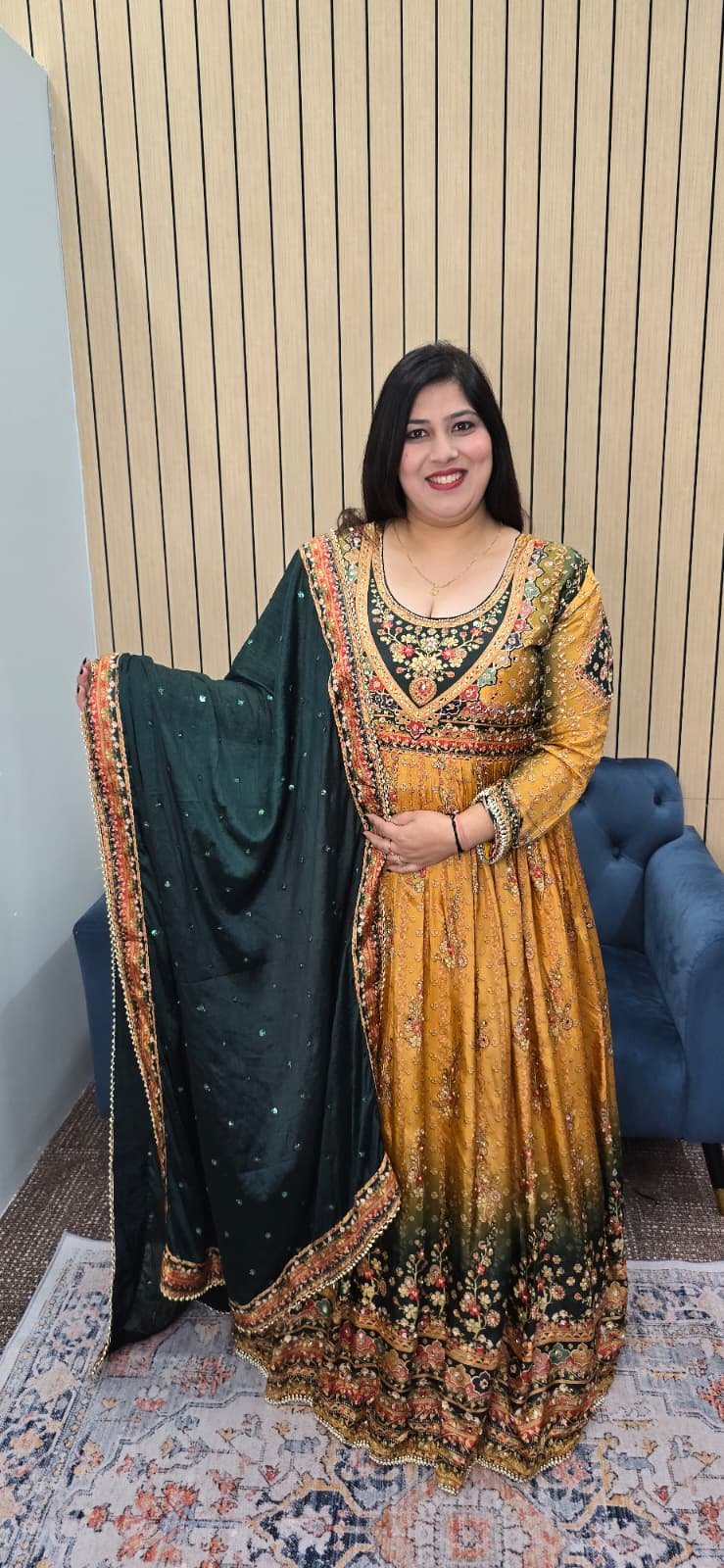 Crepe Silk Mustard and Green Anarkali Gown