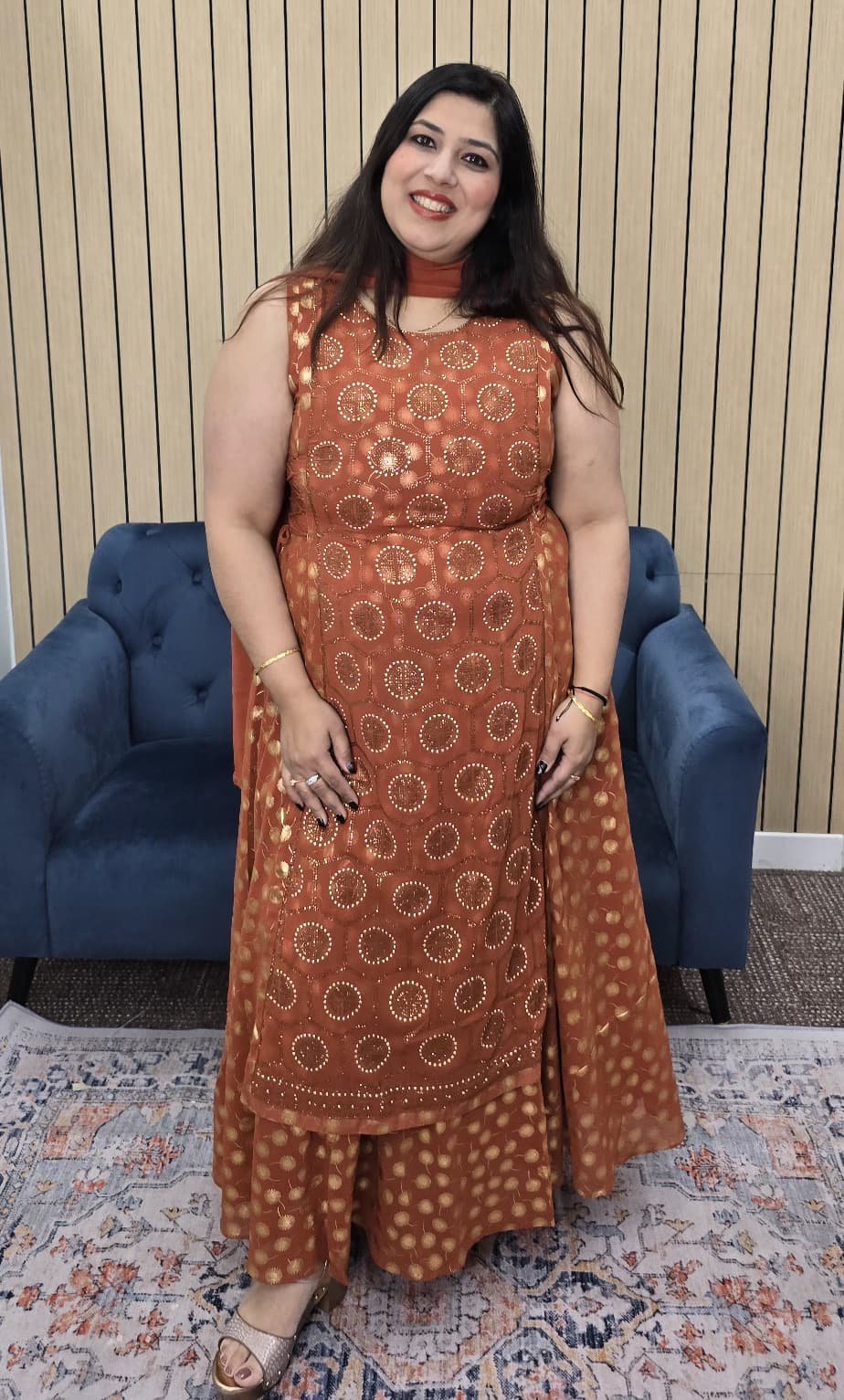 Rust Indowestern Gown with Adjustable Side Dories - Image 3