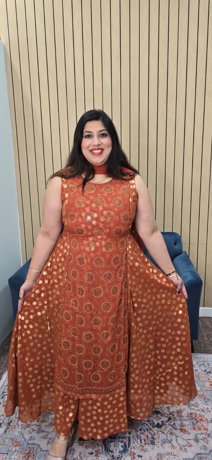 Rust Indowestern Gown with Adjustable Side Dories - Image 2