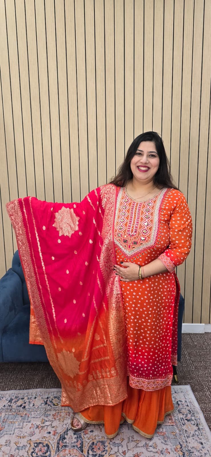 Orange Chinnon Bandhini Sharara Suit - Image 3