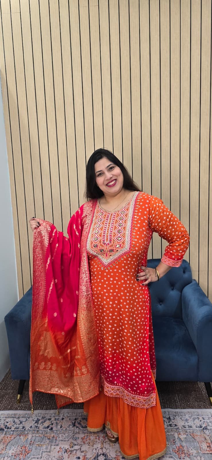 Orange Chinnon Bandhini Sharara Suit - Image 2