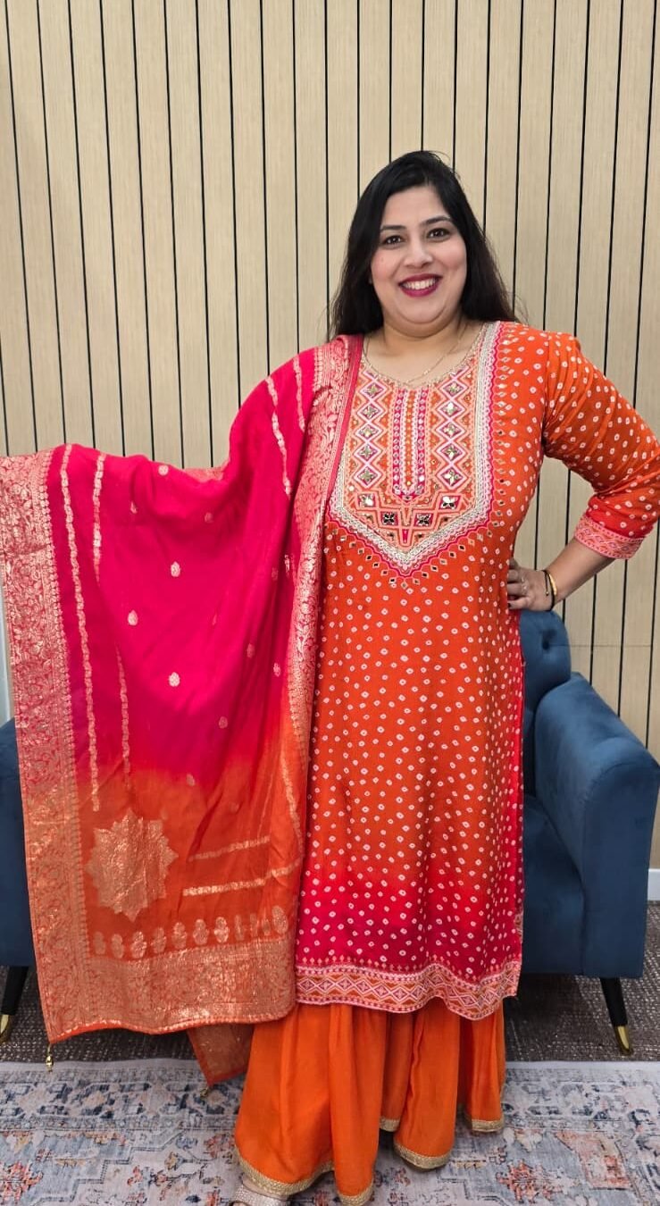 Orange Chinnon Bandhini Sharara Suit