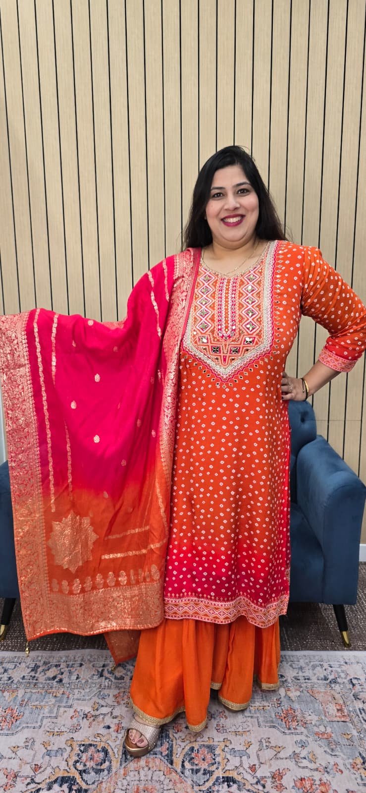 Orange Chinnon Bandhini Sharara Suit