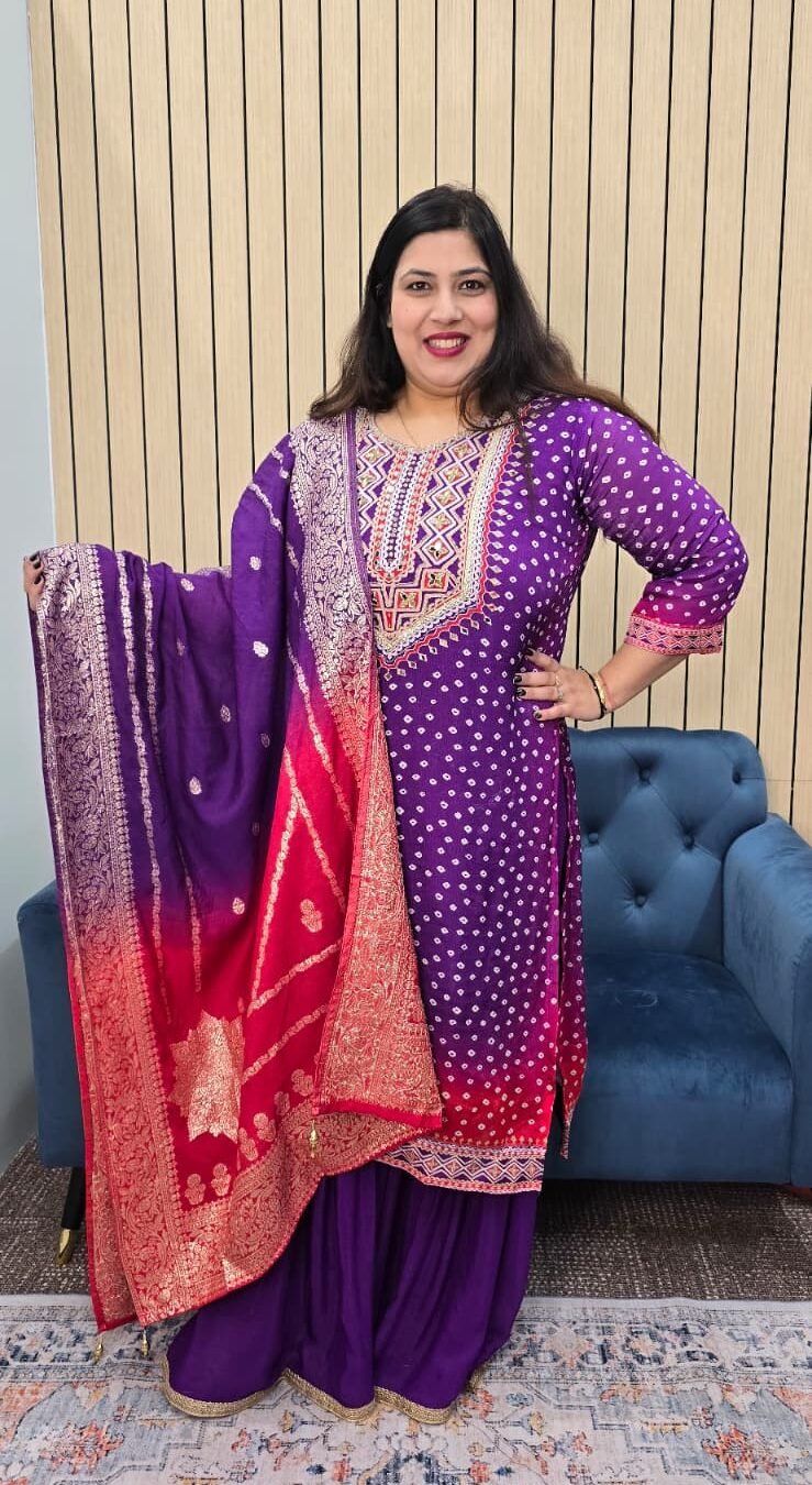 Purple Chinnon Bandhini Sharara Suit