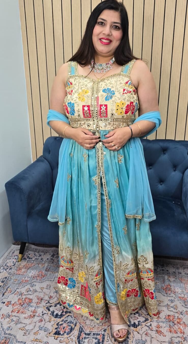 Aqua Blue Indowestern Slit Cut Suit