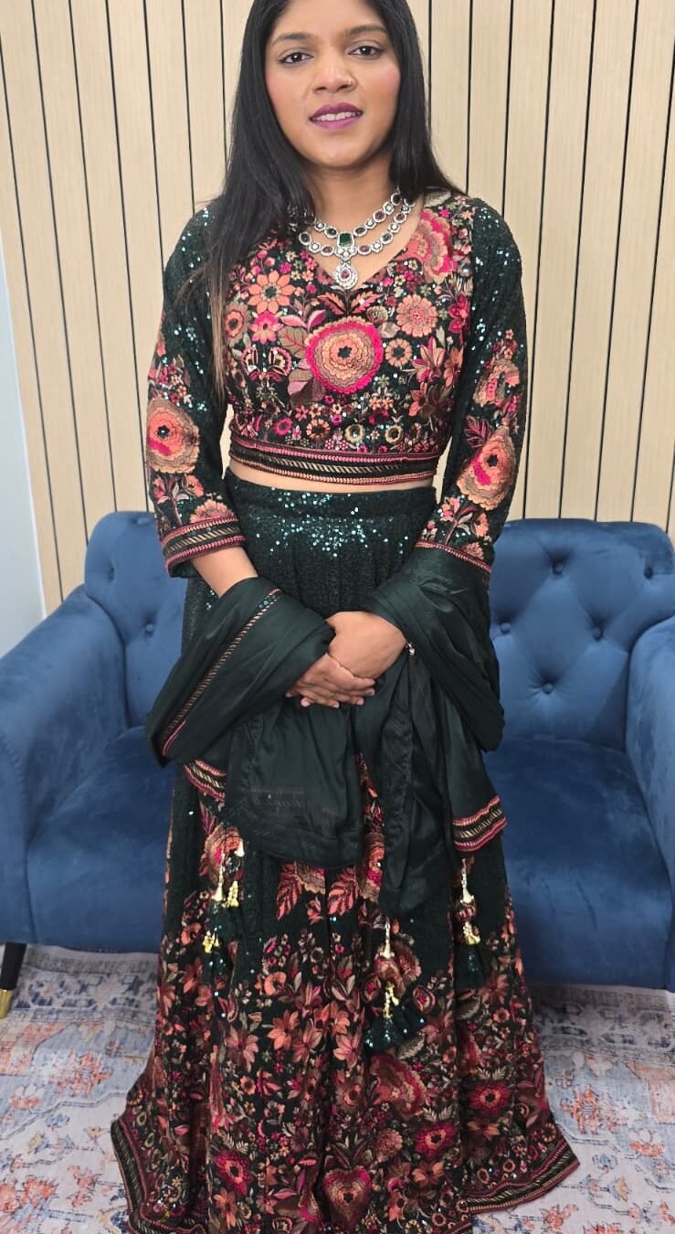 Bottle Green Sequence Work Floral Lehenga