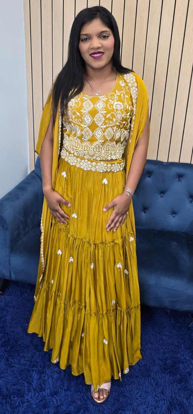 Mustard Indowestern Cape Style Lehenga - Image 8