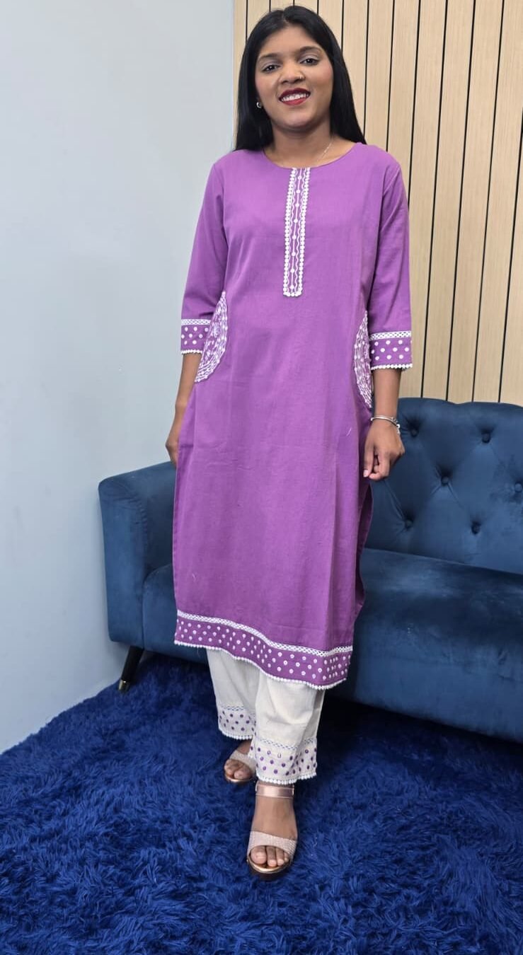 Purple Pink Cotton Kurti Set