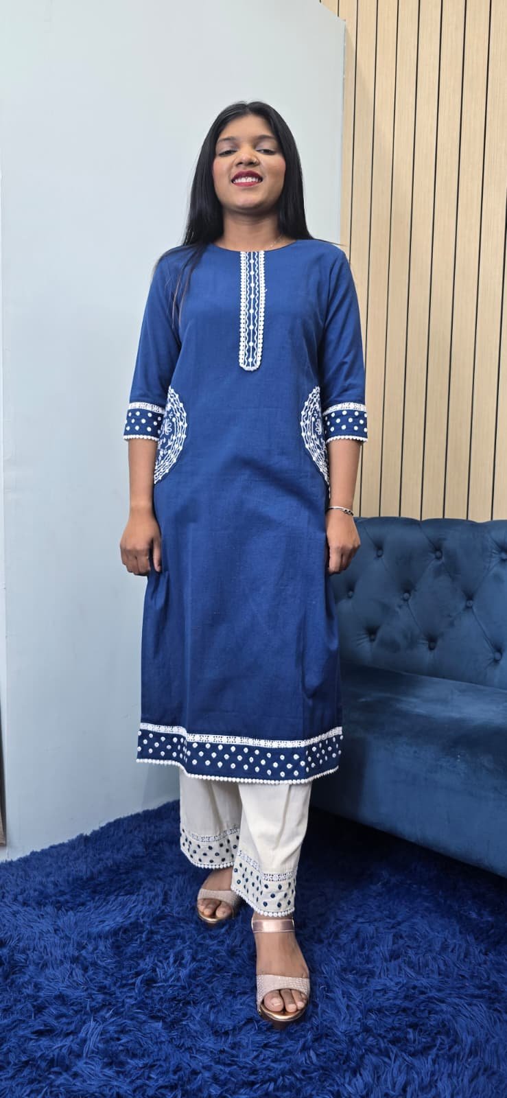 Blue Cotton Kurti Set - Image 2
