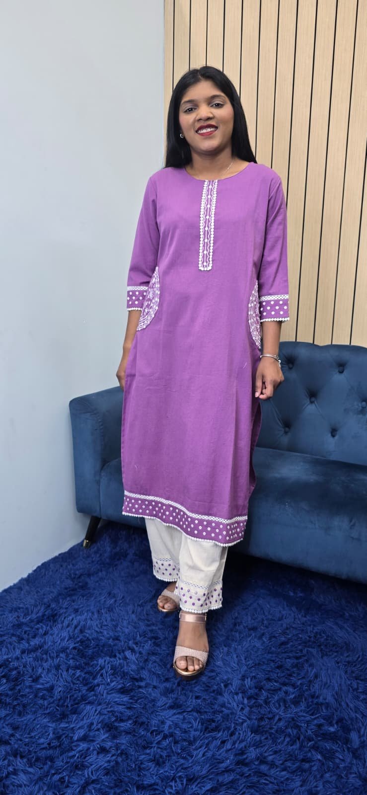 Purple Pink Cotton Kurti Set
