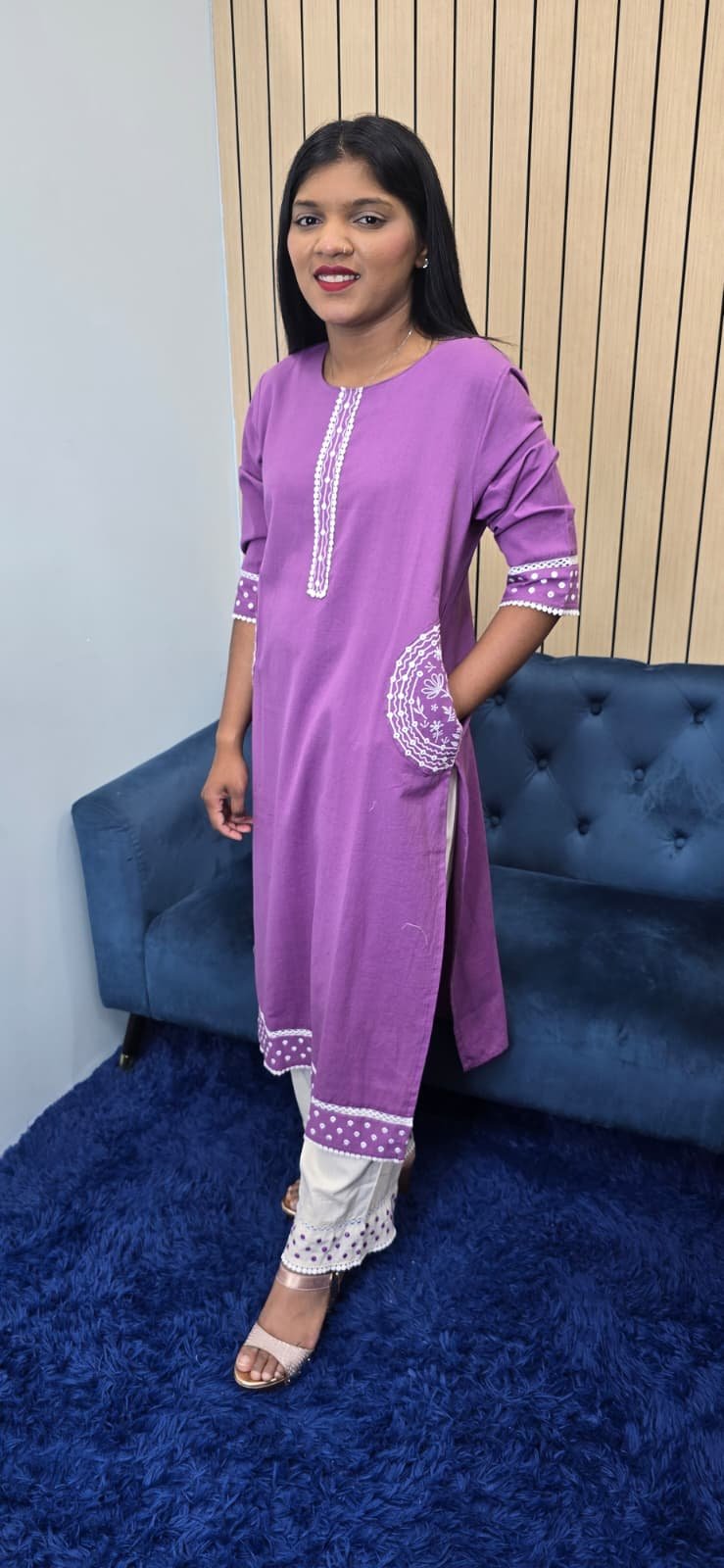 Purple Pink Cotton Kurti Set - Image 2