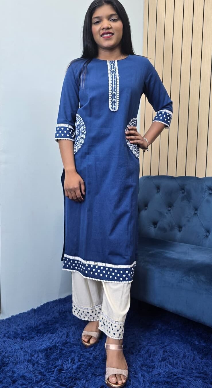 Blue Cotton Kurti Set
