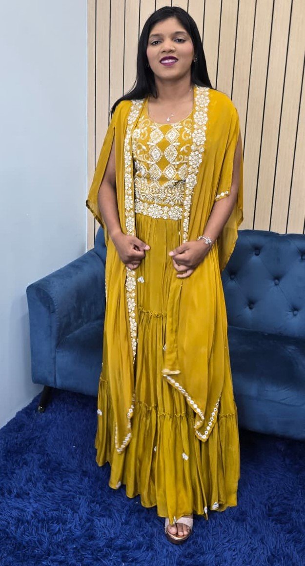 Mustard Indowestern Cape Style Lehenga - Image 9