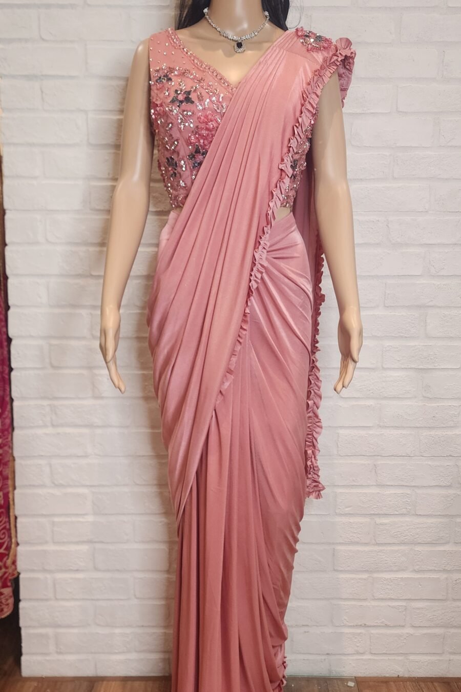 PInk Pre-Stitched Saree with Blouse