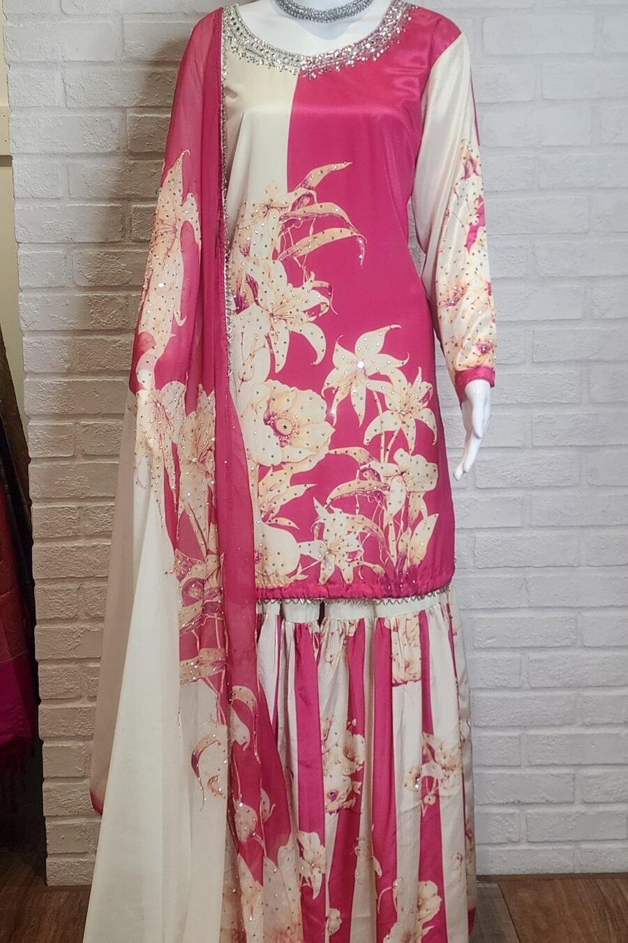 Hot Pink & Off White Pure Crepe Sharara Suit