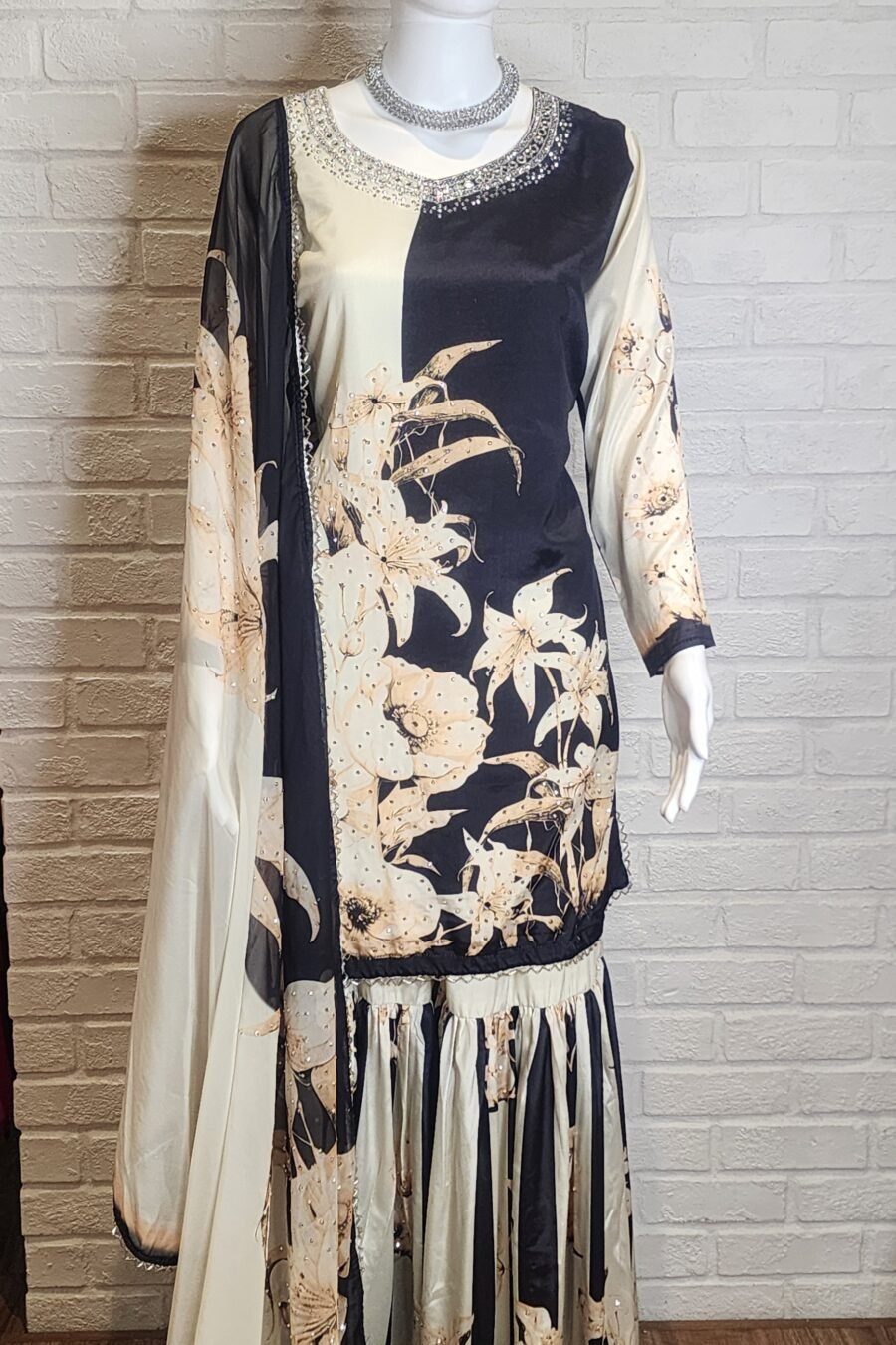 Black & Off White Pure Crepe Sharara Suit