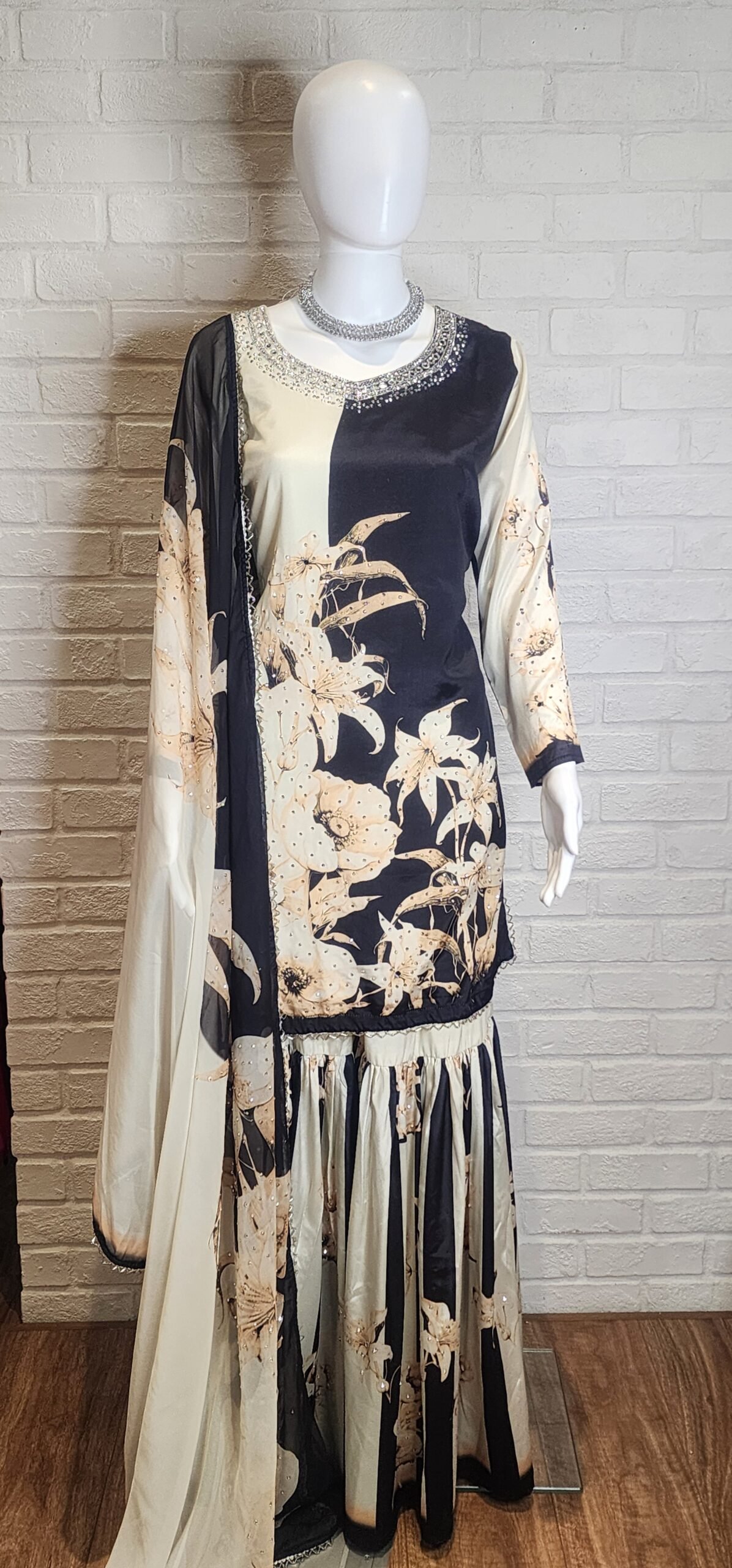 Black & Off White Pure Crepe Sharara Suit