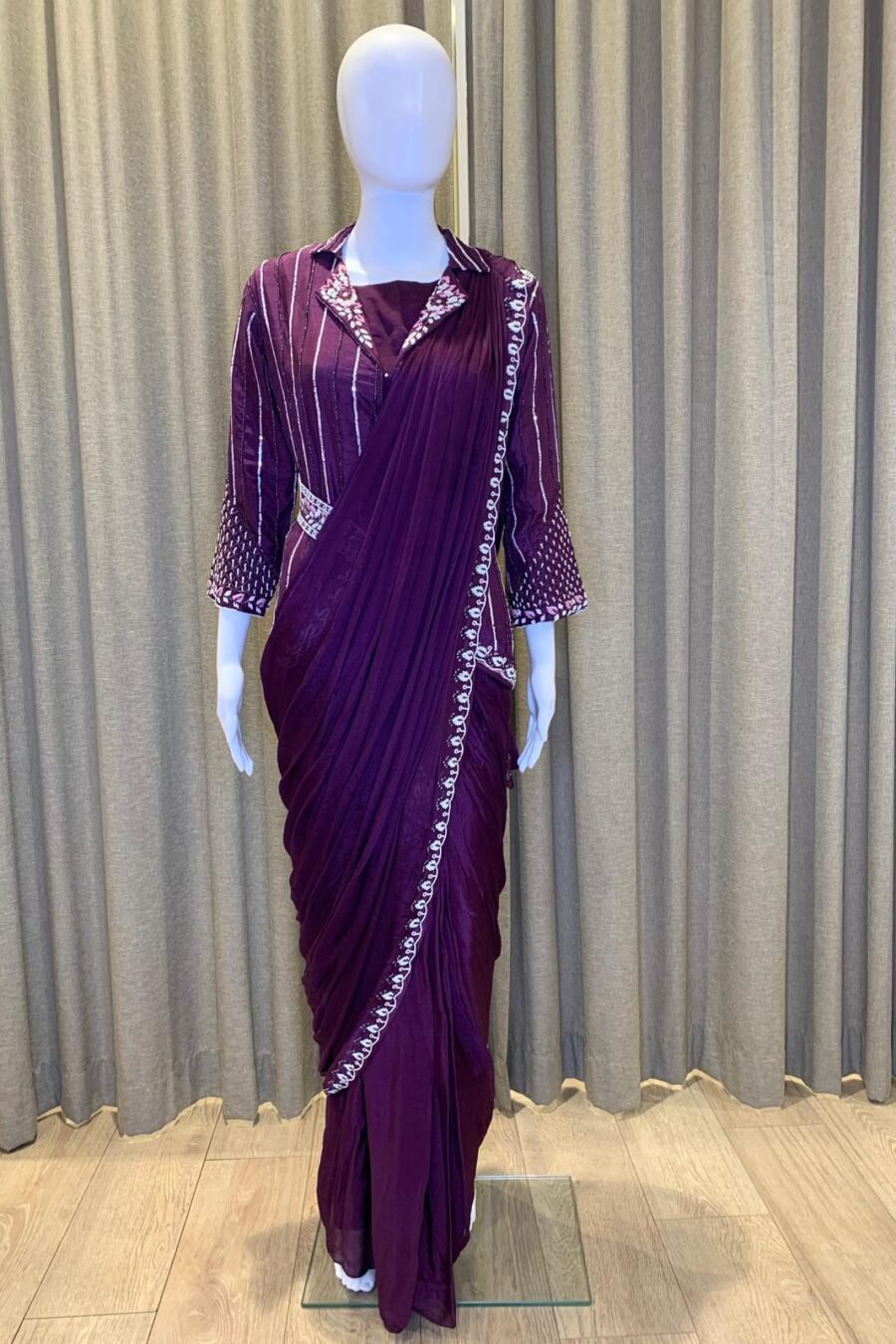 Wine Indowestern Saree With Jacket Style
