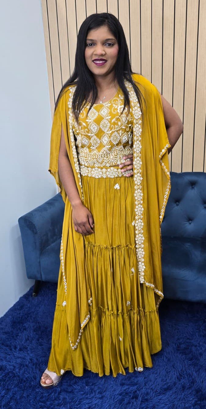 Mustard Indowestern Cape Style Lehenga - Image 7