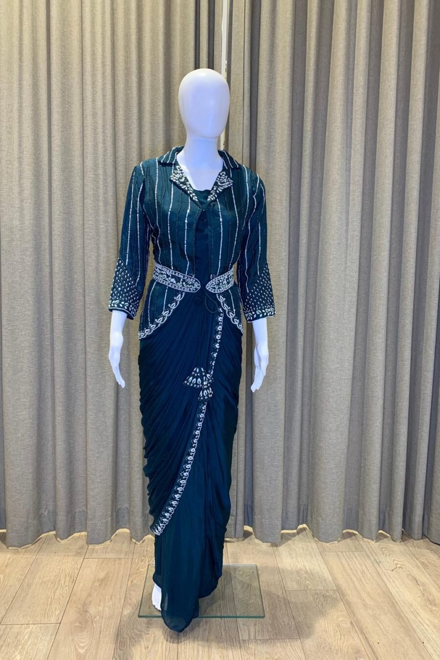 Teal Blue Indowestern Saree With Jacket Style