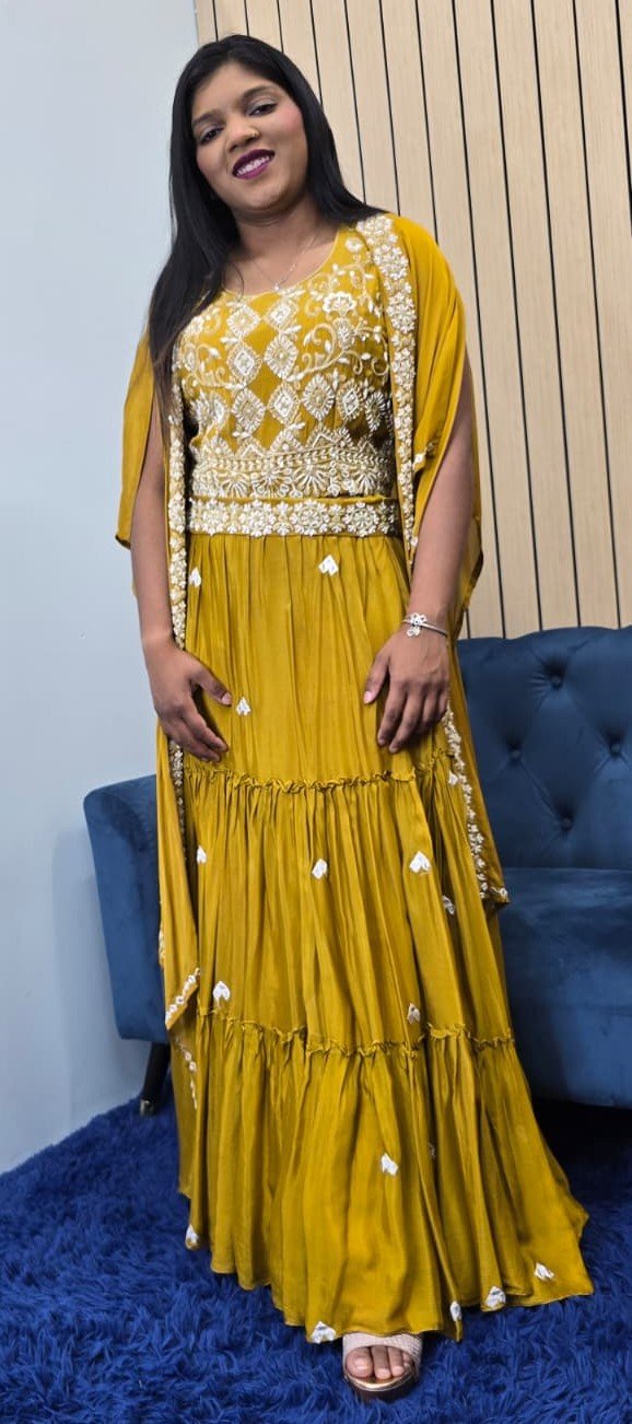 Mustard Indowestern Cape Style Lehenga - Image 6