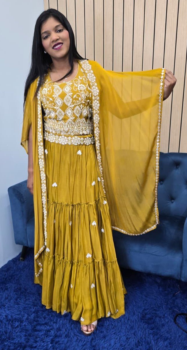 Mustard Indowestern Cape Style Lehenga - Image 5