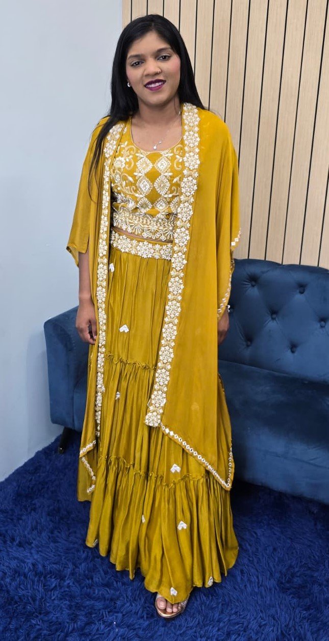 Mustard Indowestern Cape Style Lehenga - Image 4