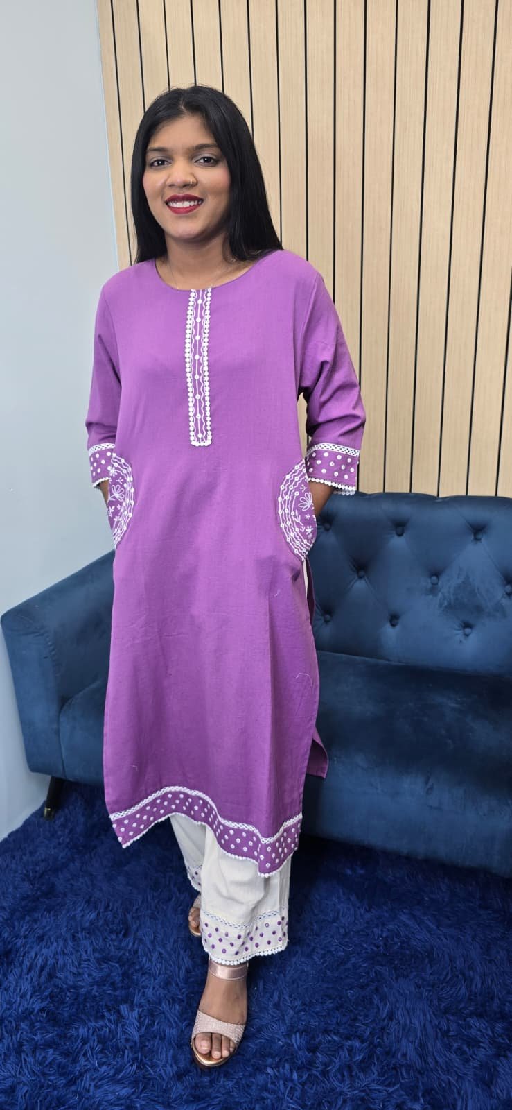 Purple Pink Cotton Kurti Set - Image 5