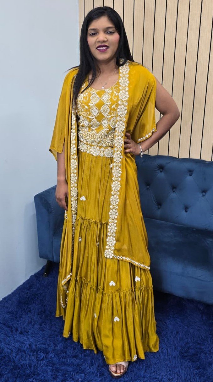 Mustard Indowestern Cape Style Lehenga - Image 3