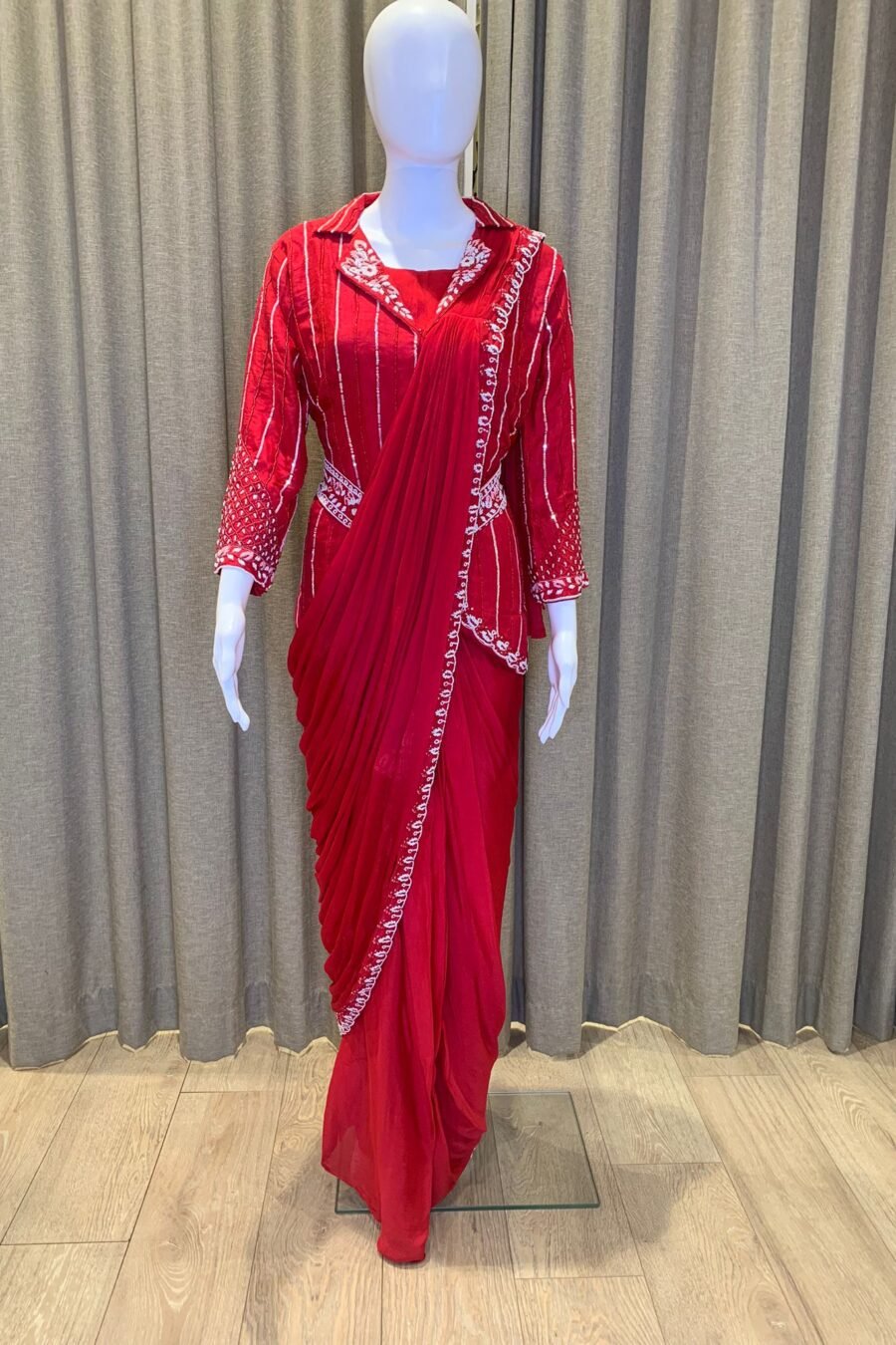 Red Indowestern Saree With Jacket Style