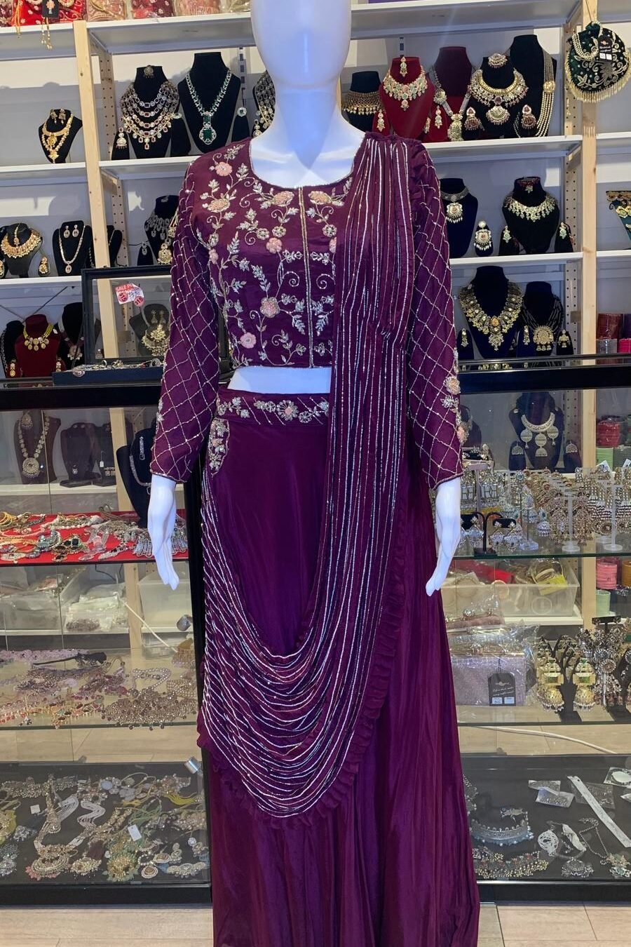 Wine Indowestern Lehenga Set