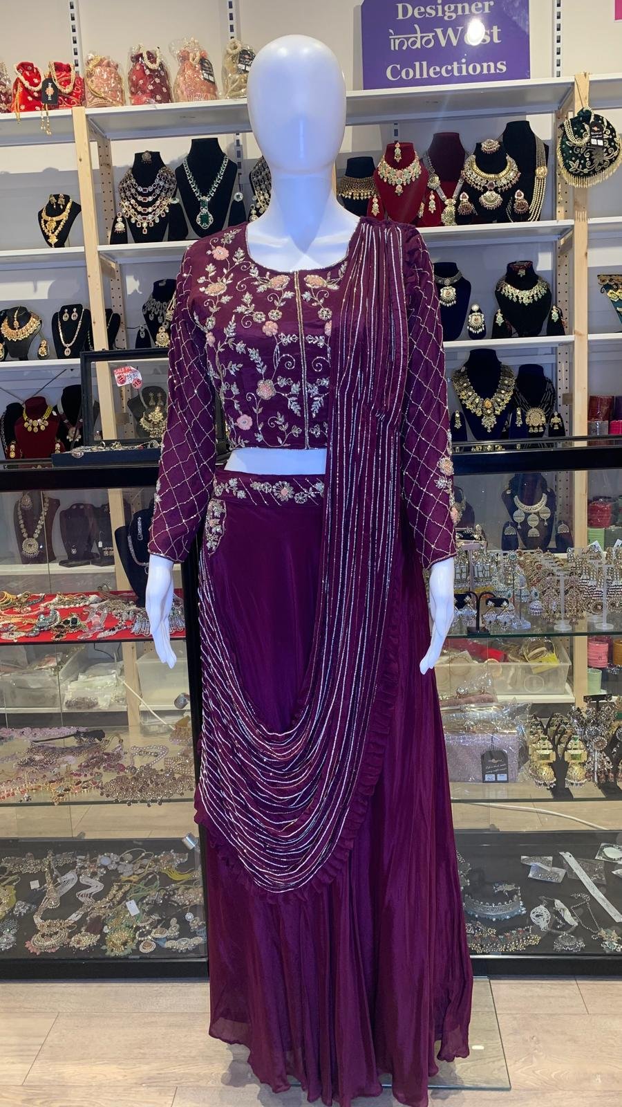 Wine Indowestern Lehenga Set