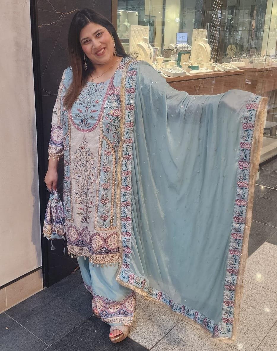 Baby Blue Pakistani Premium Pallazo Suit - Image 3
