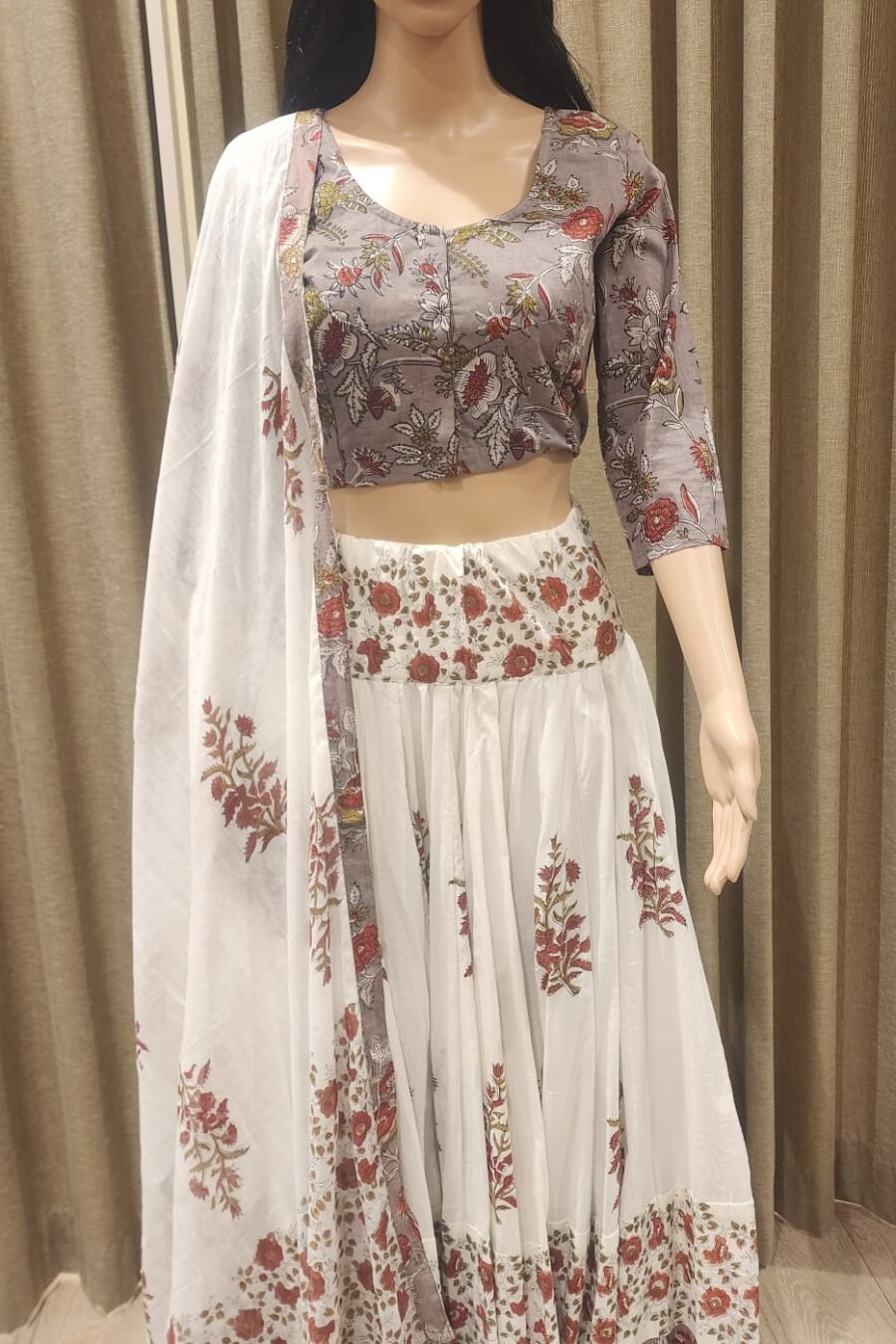 Mehroon & White Mal Cotton Lehenga Choli