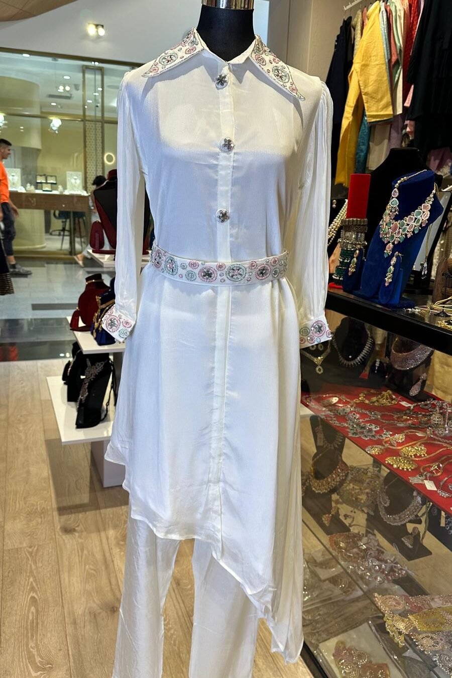White Chinnon Indowestern Cordset With Belt